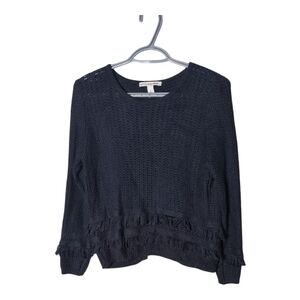 Cotton by Autumn Cashmere Knit‎ Black Fringe Sweater Split Back Size Small